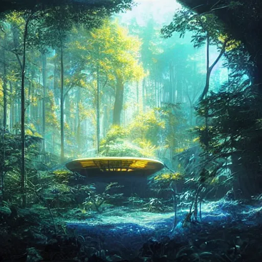 Image similar to floating derelict portal in a middle of a futuristic forest, world seen only through a portal, daylight, cinematic lighting, blue sky, syd mead, john harris