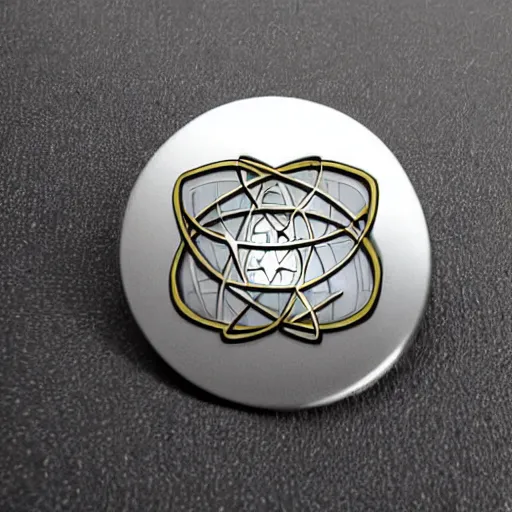 Prompt: transhumanism, metal badge with a hair clip, science, eternity, long life, technology, atom, reliability