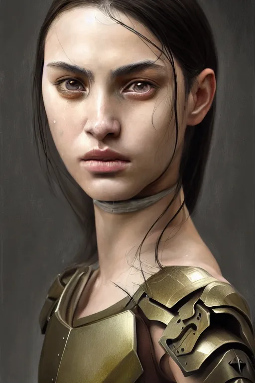 Image similar to a photorealistic painting of an attractive young girl, partially clothed in stealth-like battle armor, olive skin, long dark hair, beautiful bone structure, symmetrical face, perfect eyes, intricate, elegant, digital painting, concept art, illustration, sharp focus, minimal artifacts, from Metal Gear, in the style of Ruan Jia and Mandy Jurgens and Greg Rutkowski, trending on Artstation, award winning