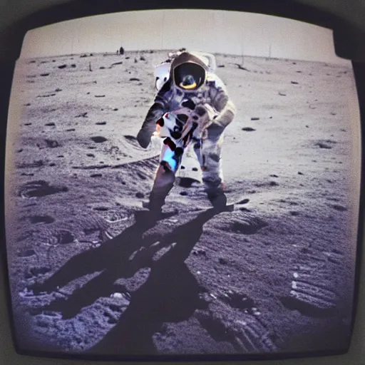 Prompt: a vintage Polaroid of Albert Einstein landing on the moon, visor up