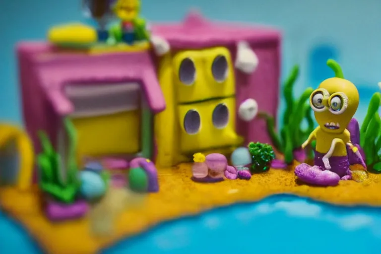 Image similar to miniatures photography of bikini bottom ( spongebob location ), everything has a plasticine sheen