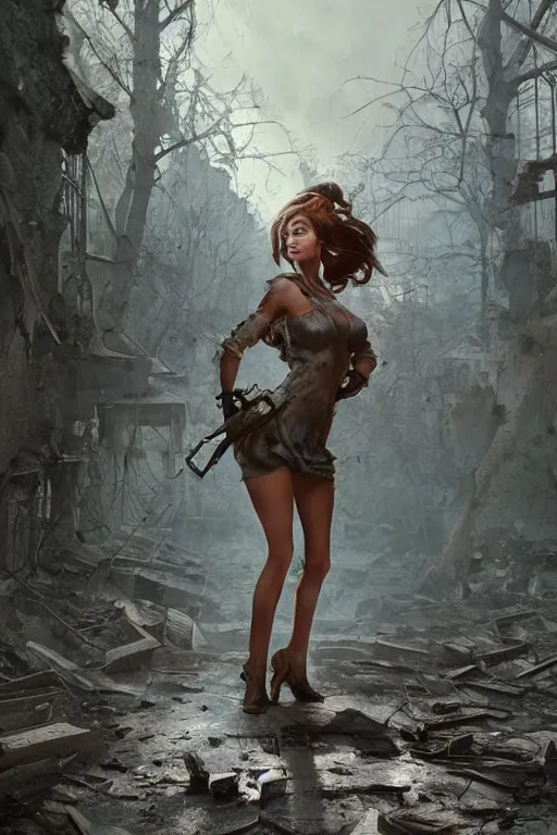 Image similar to cute nymph girl posing in the ruins of chernobyl, by greg rutkowski and raymond swanland, sharp focus, trending on artstation, cinematic lighting