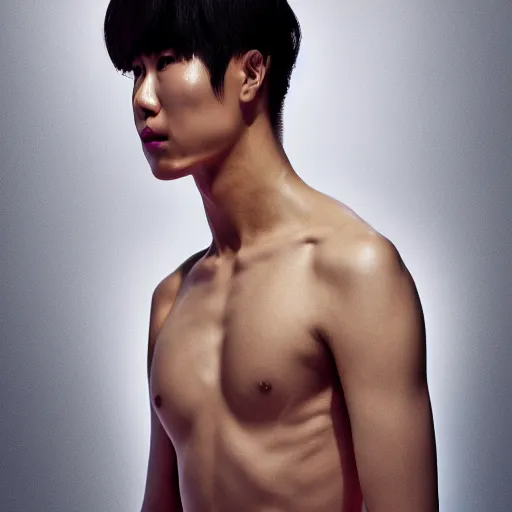 Image similar to a giant iridescent soap bubble in front of a beautiful athletic slim young korean male, photographed by erwin olaf for an art gallery