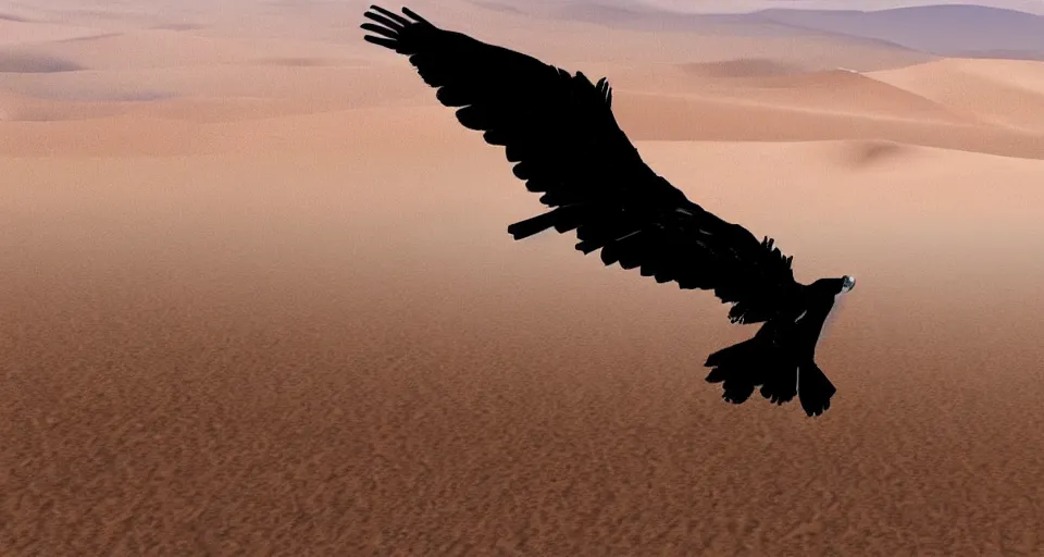 Image similar to artwork of a vulture flying over a desert, artstation