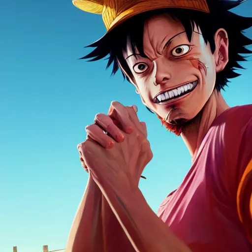 Image similar to highly detailed portrait luffy in gta v, stephen bliss, unreal engine, fantasy art by greg rutkowski, loish, rhads, ferdinand knab, makoto shinkai and lois van baarle, ilya kuvshinov, rossdraws, tom bagshaw, global illumination, radiant light, detailed and intricate environment