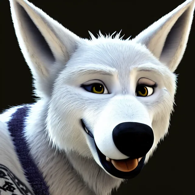 Image similar to portrait headshot of a cute male white wolf in the style of zootopia. volumetric lighting, subsurface scattering, hyperrealistic, octane render, hyperdetailed