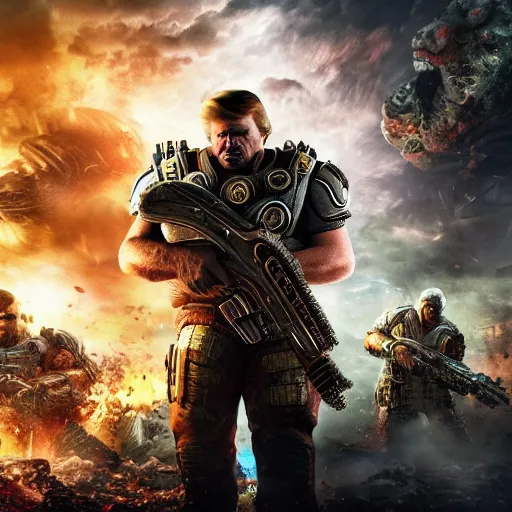 Image similar to photo portrait of donald trumpwith cigar as god emperor in gears of war, splash art, movie still, detailed face, photorealistic facial features, cinematic lighting, dramatic, octane render, long lens, shallow depth of field, bokeh, anamorphic lens flare, 8 k, hyper detailed, 3 5 mm film grain