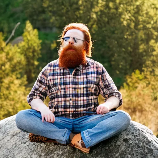 Prompt: a handsome white male, long brownish - red beard, oversized brown mustashe, glasses, blue eyes, plaid shirt, cargo shorts, sandals : : sitting on a large rock, meditation pose, apple laptop in his lap, golden hour, wisps of smoke, mystical yet whimsical.