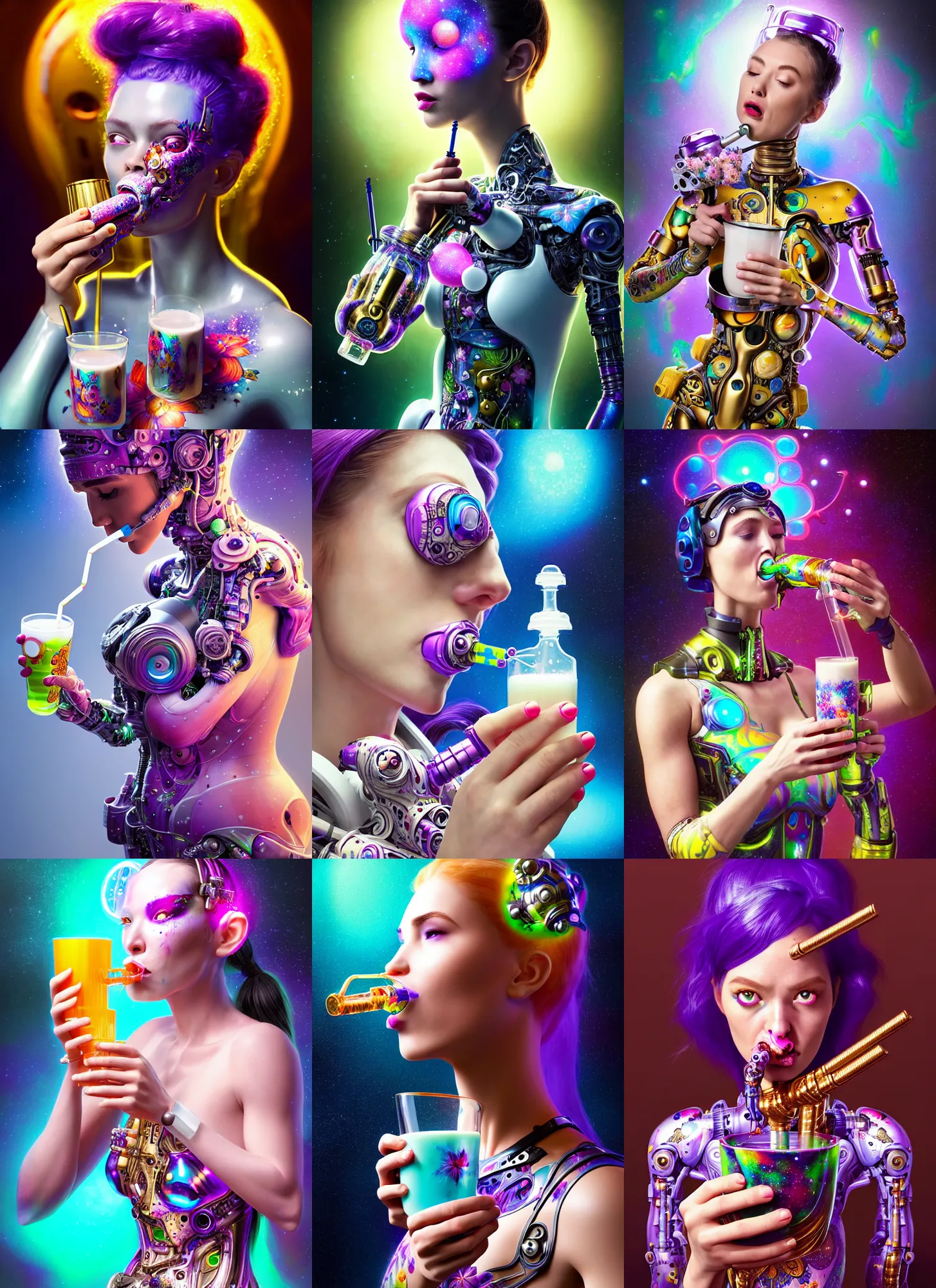 Prompt: polished lush galactic ornate floral edm cyborg woman drinking milk through a crazy straw : : weta disney pixar movie still photo : : hi - fructose, sci fi, decadent highly - detailed digital painting, golden ratio, octane render, artstation, smooth, sharp focus, artgerm mucha, loish, wlop : :