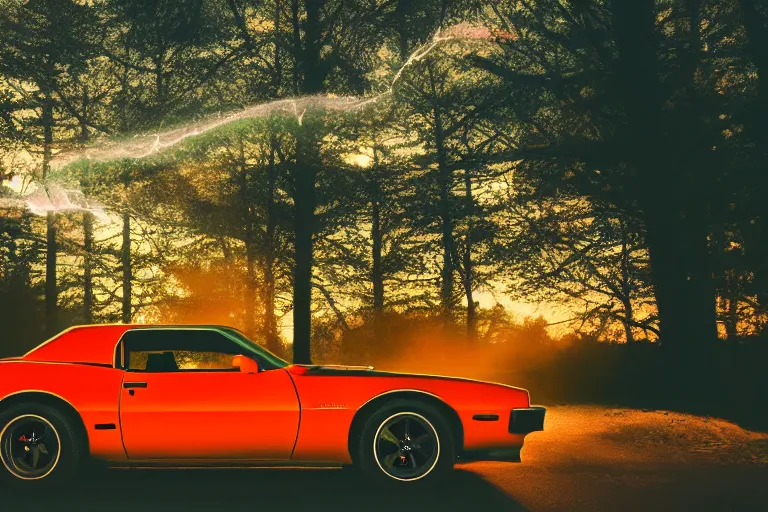 Image similar to pontiac firebird with glowing paint, sunrise, eerie light, fireflies, dramatic, cinematic, forest, sunbeams, volumetric lighting, wide shot, low angle, lightning hitting the car