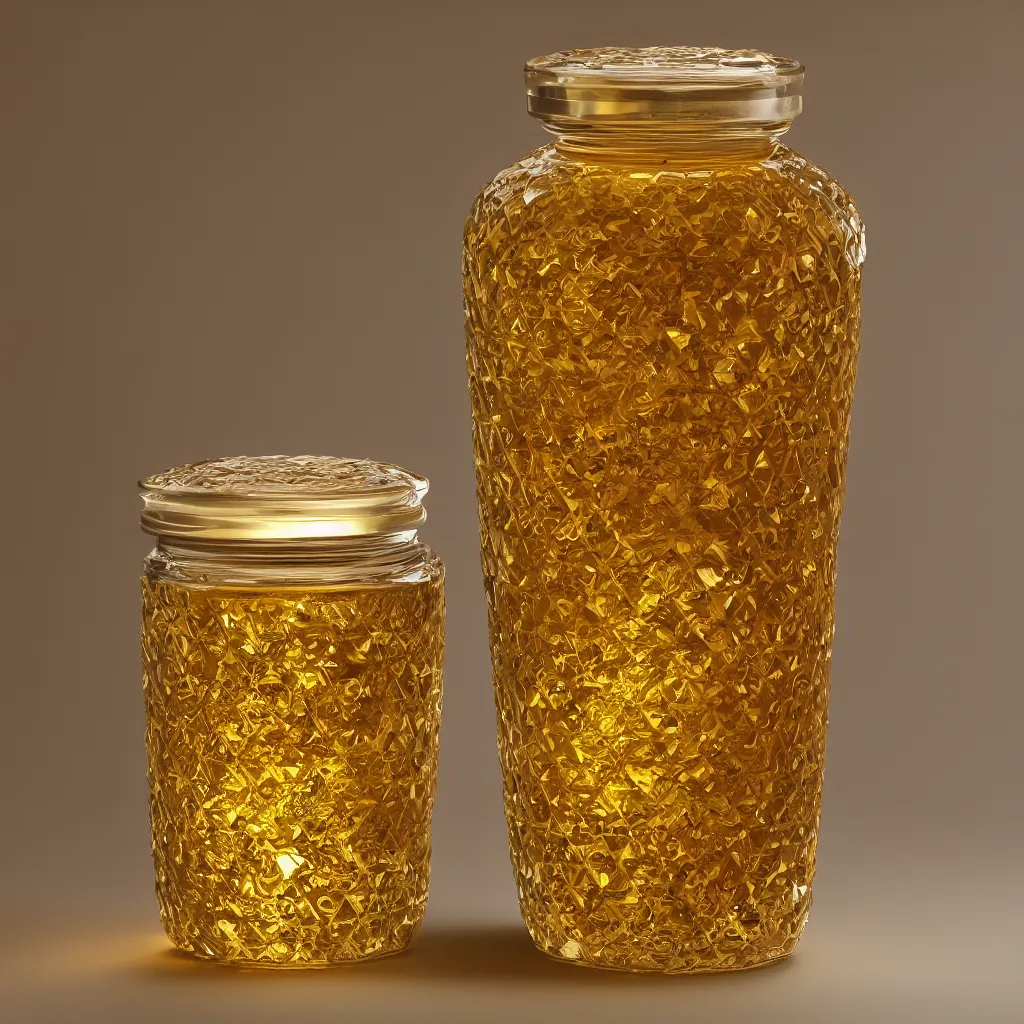 Prompt: elaborate low poly faceted honey jar, golden glistening, light bloom, octane render, product photography, studio photography, sharp high contrast