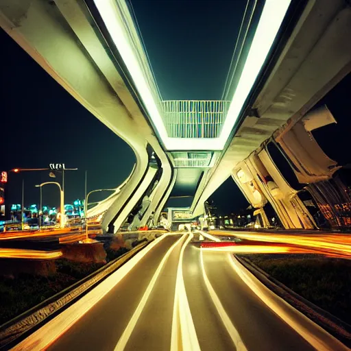 Image similar to dslr photo freeway photo at night, artgerm, artstation, very high quality lights, intricate details, extremely high quality, moody lighting, real camera, real photo, slow - shutter, photography by deviantart, 8 k, full subject in shot