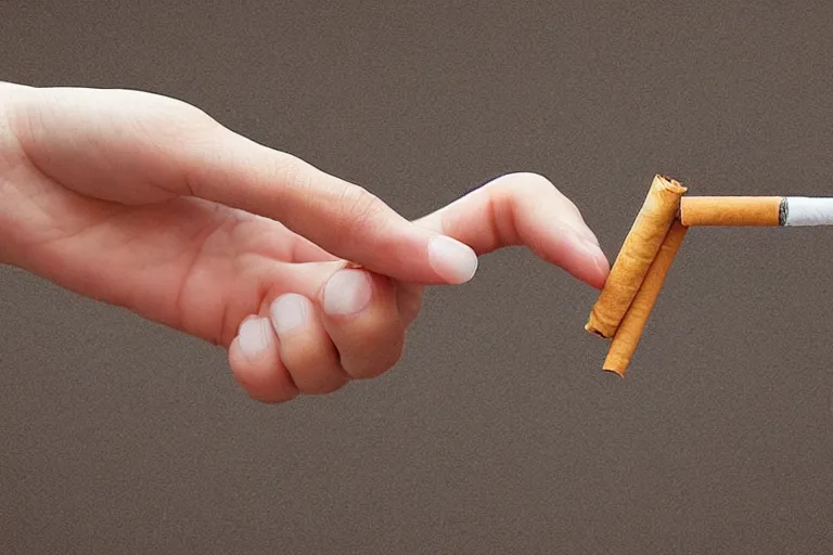 Image similar to cigarette in five fingers, thin soft hand holding cigarette, hyper realistic, natural