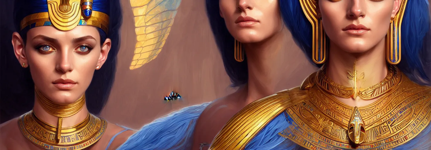 Image similar to astral egyptian woman portrait, blue eyes, face, cleopatra hair, astral, intricate, elegant, highly detailed, digital painting, artstation, concept art, smooth, sharp focus, illustration, art by artgerm and greg rutkowski and alphonse mucha