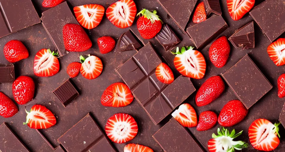 Image similar to An unwrapped gourmet dark chocolate bar, next to sliced strawberries, on a wooden tray, macro lens product photo