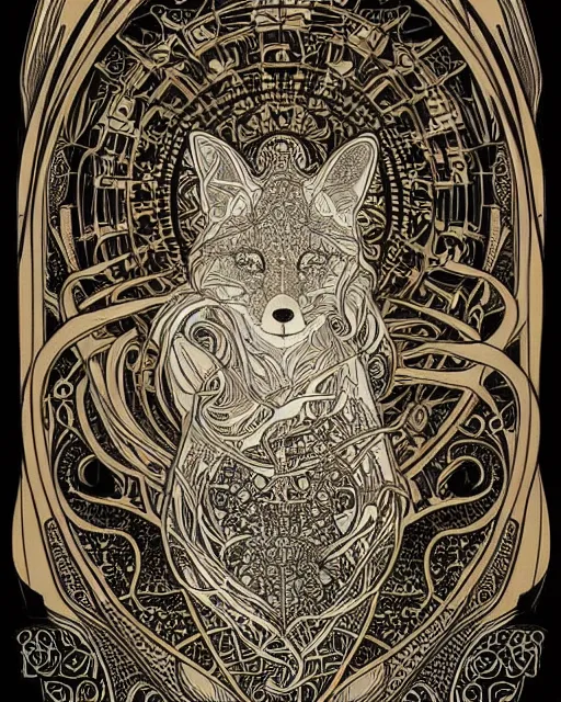 Prompt: fox carving art, cell shading, voronoi,fibonacci sequence, sacred geometry by Alphonse Mucha, Moebius, hiroshi yoshida, Art Nouveau, colorful, ultradetailed, black and white, 3d