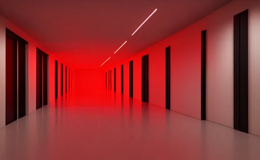 Image similar to an hallway in hospital with red lights in the roof, octane render, artstation trending, highly detailded