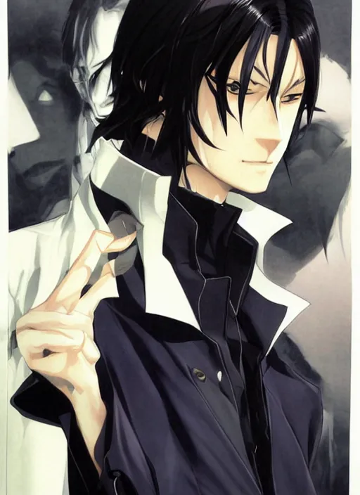 Image similar to portrait illustration by shigenori soejima, handsome male vampire, focus on face, pretty, long black hair, dark blue shirt, light brown trenchcoat