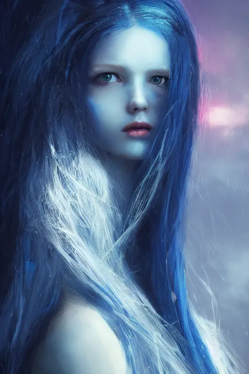 Prompt: a fancy portrait of a beautiful young girl with long blue hair and blue eyes by greg rutkowski, sung choi, mitchell mohrhauser, maciej kuciara, johnson ting, maxim verehin, peter konig, bloodborne, 8 k photorealistic, cinematic lighting, hd, high details, dramatic, dark atmosphere, trending on artstation