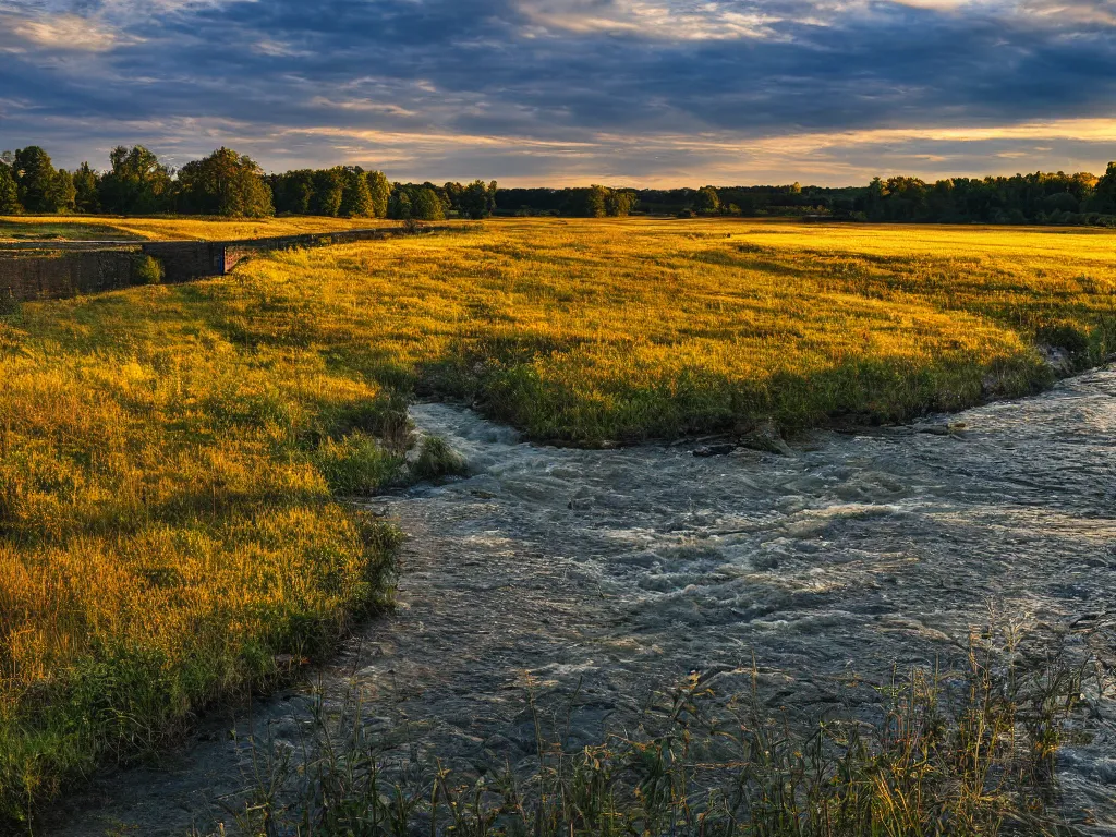 Image similar to photograph of a field by a dam and a river, new england, color, golden hour