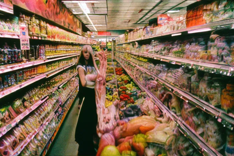 Image similar to 35mm color lomography, last photo, portrait, fashion shoot, weird, random, strange, spooky, hyperdetailed, photorealistic, high fashion, interesting, supermarket, david cronenberg