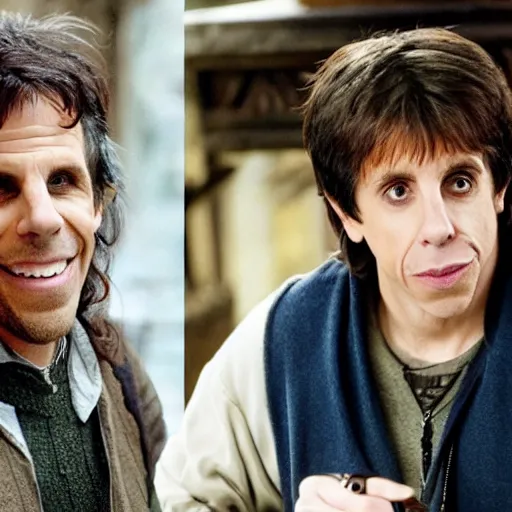 Image similar to Ben stiller as Harry Potter on running with hagrid