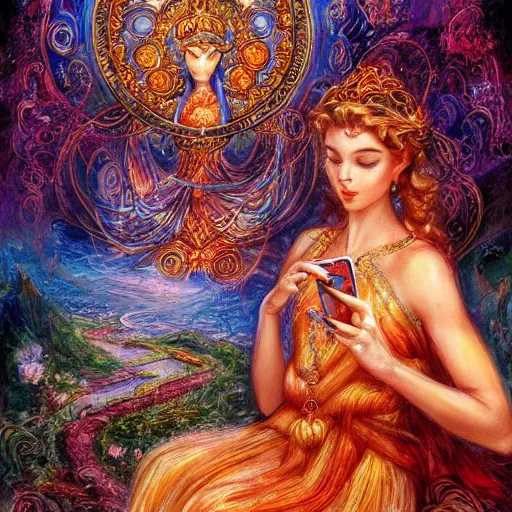 Prompt: a goddess checking her phone by senior concept artist josephine wall, high resolution trending on art station