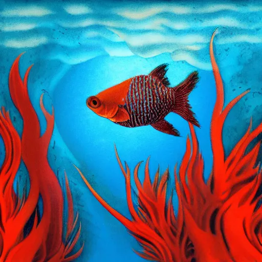 Prompt: surreal landscape of a fish swimming in fire