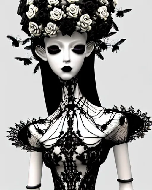 Image similar to dreamy surreal poetic black and white 3D render of a beautiful young porcelain female-creature-cyborg-vegetal with a very long neck and a super big gothic lace collar filled with dead flies and a very high big floral crown with many black dry roses:: smoke, high fashion, haute couture, rococo, avant-garde, elegant, dreamy, hyper realistic, 150 mm lens, soft rim light, octane render, unreal engine, volumetric lighting, dramatic light,8k,