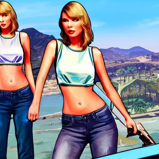 Image similar to A GTA 5 game loading screen featuring Taylor Swift