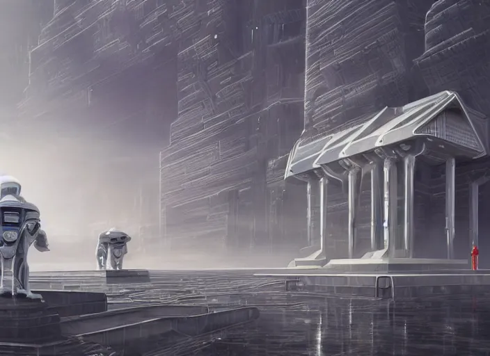 Image similar to cult of technology, exterior, scifi, temple, machines, robots, ultra realistic, transparent labs, metallic surface, highly detailed, white, futuristic landscape, city, utopian architecture, atmosphere, masterpiece, portals, epic lighting, glow, mysterious, 4 k, cinematic, art by patryk olkiewicz and chris ostrowski and liang yao