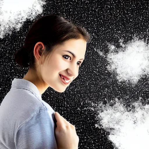 Image similar to painting, girl with beautiful face in white shirt, vast spaces, cosmic background