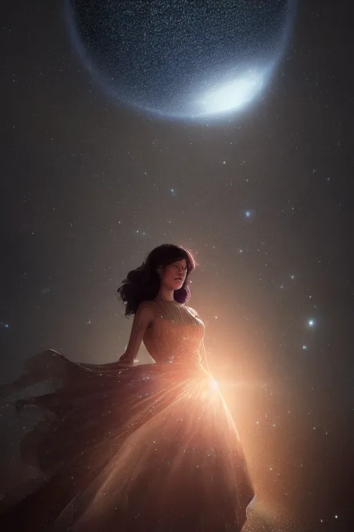 Prompt: a woman, wearing a dress made of stars, volumetric lighting, planets in the background, smooth, sharp focus, very detailed, by greg rutkowski, artstation, tom badshaw, 8 k, symmetrical face
