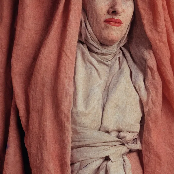 Prompt: closeup portrait of a woman wrapped in casement cloth, standing in alberobello italy, color photograph, by john currin, canon eos c 3 0 0, ƒ 1. 8, 3 5 mm, 8 k, medium - format print