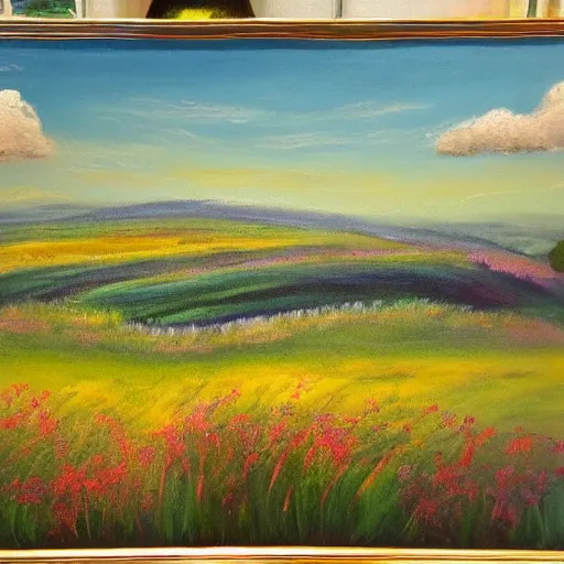 Prompt: This painting is a unique pastel and oil on canvas. It features a beautiful landscape with rolling hills and fields of wildflowers. The colors are soft and soothing, making it the perfect piece to relax and unwind with.