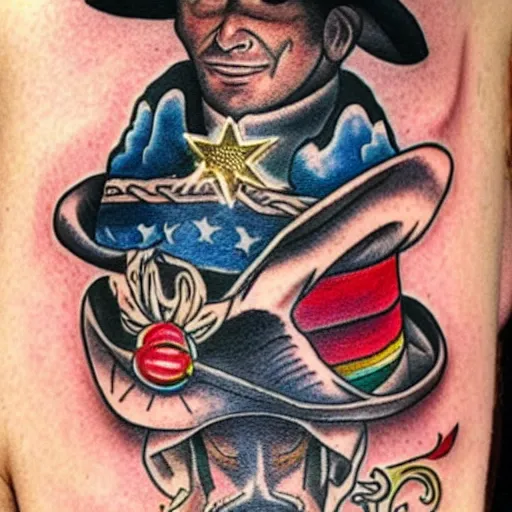 Image similar to American traditional tattoo of a gay cowboy,