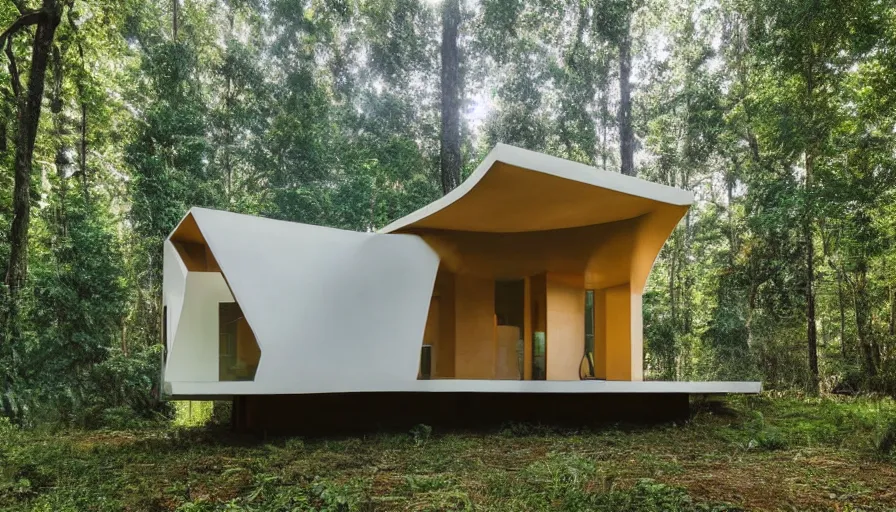 Image similar to A wide image of a full innovative contemporary 3D printed prefab sea ranch style cabin with rounded corners and angles, beveled edges, made of cement and concrete, organic architecture, in a lush green forest Designed by Gucci and Wes Anderson, golden hour