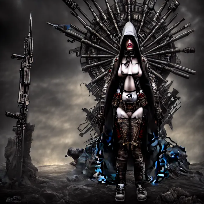 Prompt: apocalyptic woman in hood standing in hall of weaponry, hyper - detailed, smooth, sharp focus, 4 k ultra hd, fantasy dark art