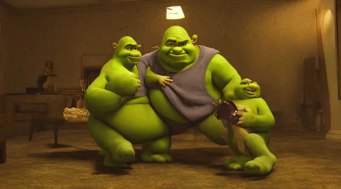 Prompt: Shrek tearing up a hotel room, octane render, epic composition, cinematic lighting, screenshot from pulp fiction