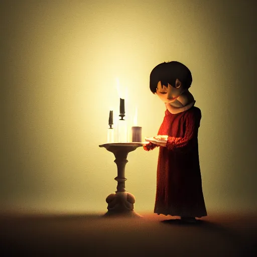 Prompt: a small child holding a candle in a room full of monsters, in the style of little nightmares, intricate digital art, octane, unreal 5, hyperrealist, rain, fog, sharp, studio, 8 5 mm sigma art lens, trending on artstation, breathtaking, groundbreaking, award winning, 8 k