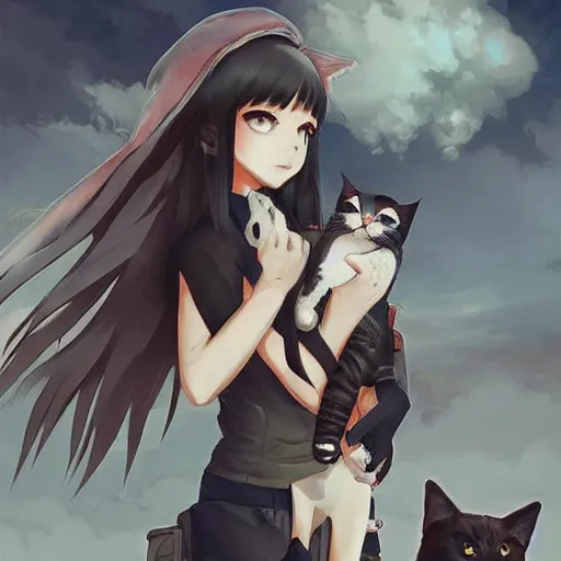 Image similar to nuclear bomb destroying all buildings at the distance, anime girl with her kitty, yumei art, Artstation, pinterest 8k hyper-detailed