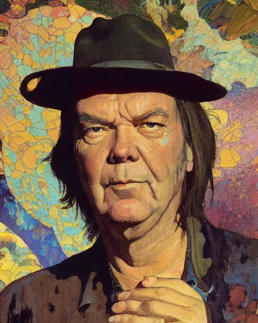 Prompt: neil young, portrait mural by dean cornwell, mead schaeffer, maxfield parrish, kehinde wiley, thomas moran, studio ghibli, loish, alphonse mucha, fashion photography