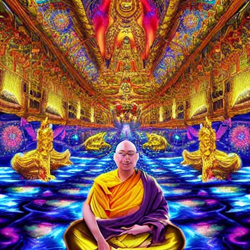 Image similar to large buddhist temple in astral realm, albert hoffman as prophet standing in front of it, symmetrical picture, surreal semi - transparent psychedelic fractals floating around, 5 th dimension, high quality digital painting, 3 d effects, photorealism