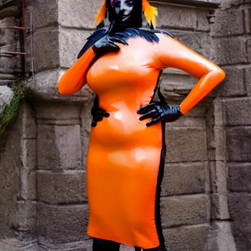 Image similar to Big bust witch in orange latex dress and gloves holding raven feather