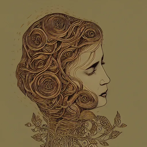 Prompt: Copper engraving of a calm and appeased woman, closing eyes, ivy creeping around her face, artstation, intricate, 8k, award-winning