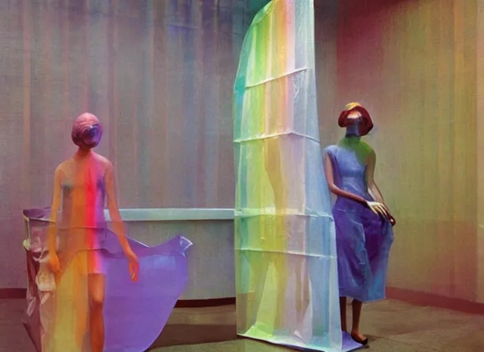 Image similar to woman in a translucent clothing made from colorful rainbow plastic bag with paper bags for clothes standing inside paper bags with paper bag over the head at colorful rainbow store display, highly detailed, artstation, art by , edward hopper, zdislav beksinski, wayne barlowe