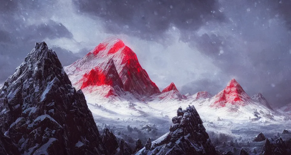 Prompt: snowy mountain, by eugene von guerard, ivan shishkin, black lovecraftian obsidian fortress pyramid!! on a snowy mountaintop, night, red lightning!!, dramatic lighting, concept art, trending on artstation, 8 k