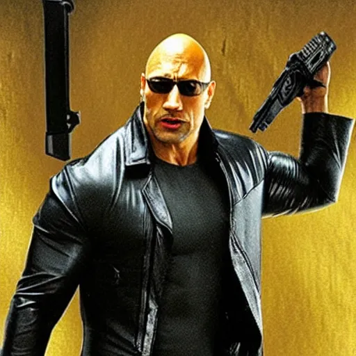 Image similar to dwayne the rock johnson as neo from the matrix