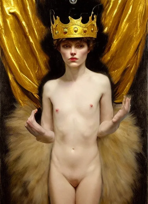 Image similar to highly detailed oil painting | very intricate | cinematic lighting | black, white and gold color scheme, dark background | a humanoid cat king with a crown | by roberto ferri, by gustav moreau, by singer sargent and klimt, american romanticism, occult art | by austin osman spare, artstation, cgsociety, official art, octane