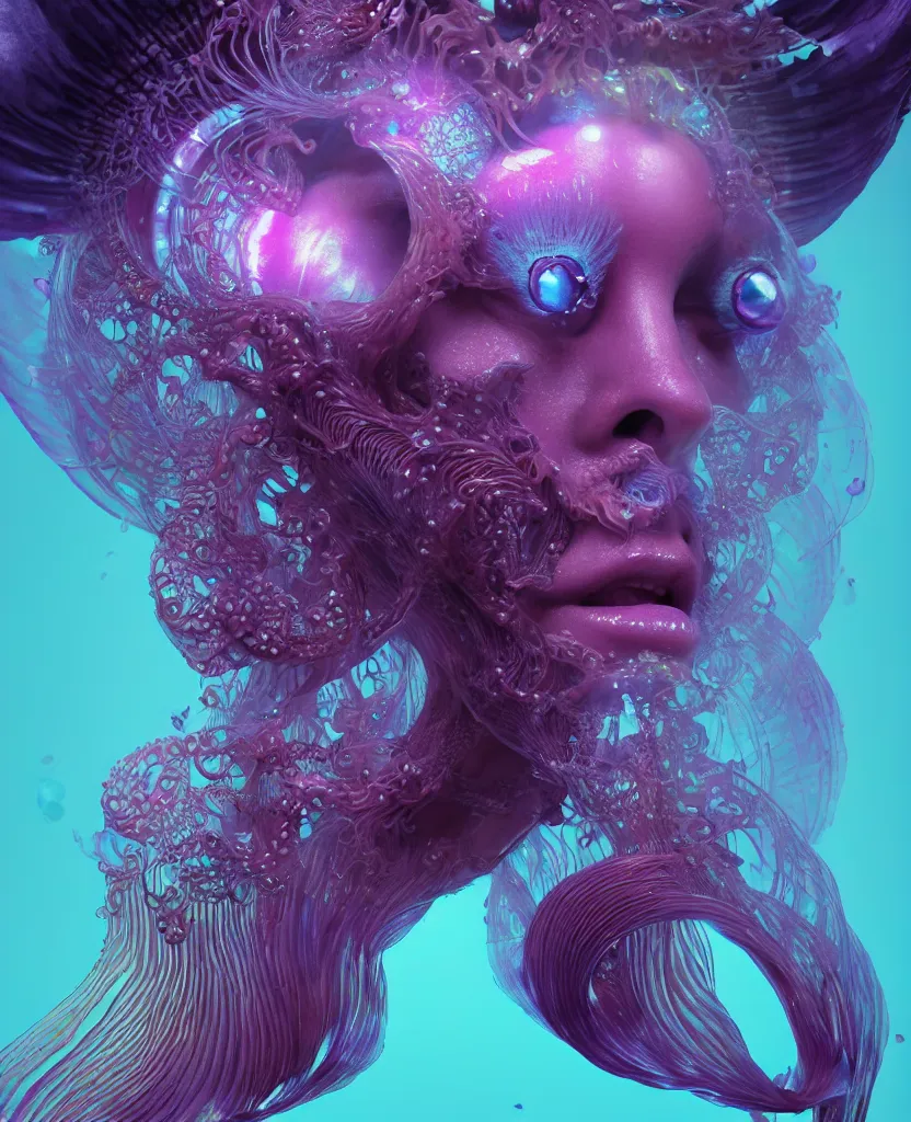 Image similar to goddess close-up face portrait. chimera orchid jellyfish phoenix head, nautilus, skull, betta fish, bioluminiscent creatures, intricate artwork by Tooth Wu and wlop and beeple. octane render, trending on artstation, greg rutkowski very coherent symmetrical artwork. cinematic, hyper realism, high detail, octane render, 8k